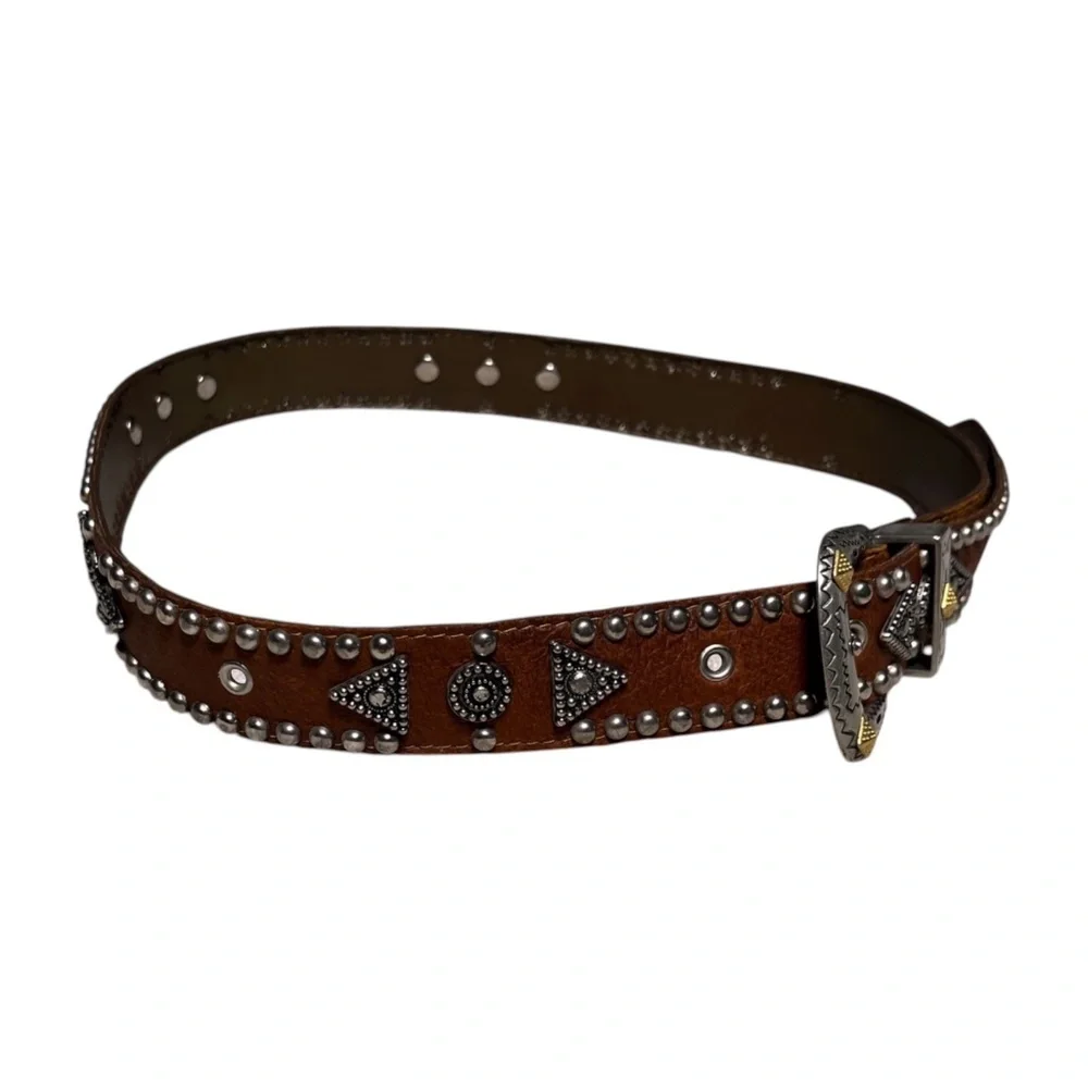 Jana Studded Embellished Brown Leather Belt Size XS Silvertone Western Rodeo
